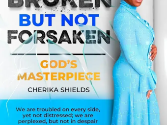 Inspirational image of Cherika Shields in a blue dress with a quote about resilience and faith.