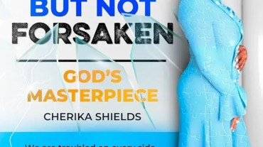 Inspirational image of Cherika Shields in a blue dress with a quote about resilience and faith.